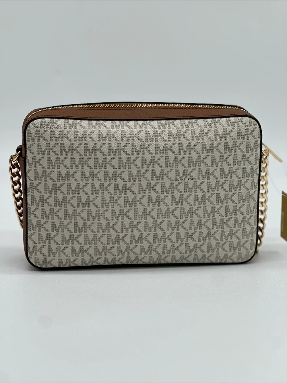Michael Kors Signature MK Monogram Crossbody in Brown/Canvas with Gold Hardware